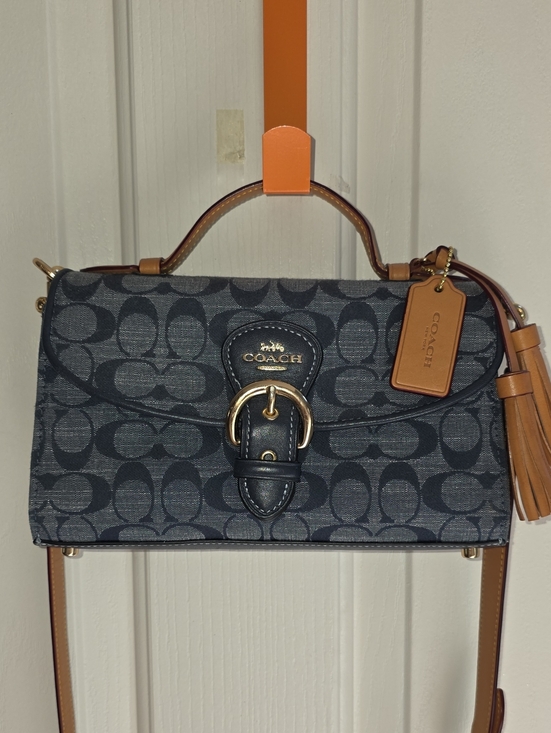 Coach Handbags - Coach Denim Signature Canvas Satchel with Tan Trim